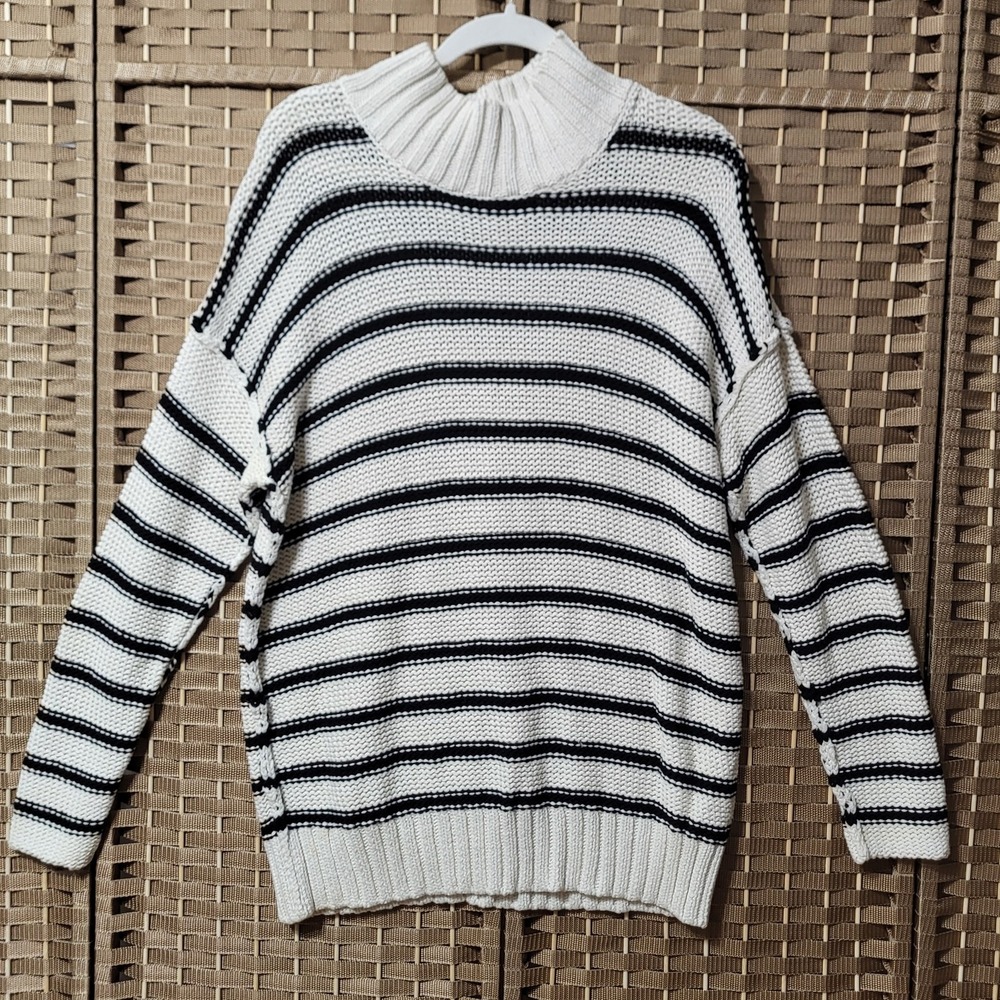 Lauren Ralph Lauren Sweater Womens Large White Black Striped Turtleneck Pullover